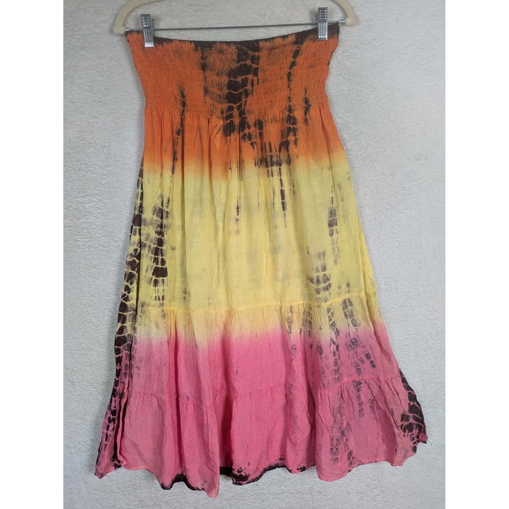 579 Strapless Tiered Dress Women's Medium Multi Color Tie Dye Smocked Boho
